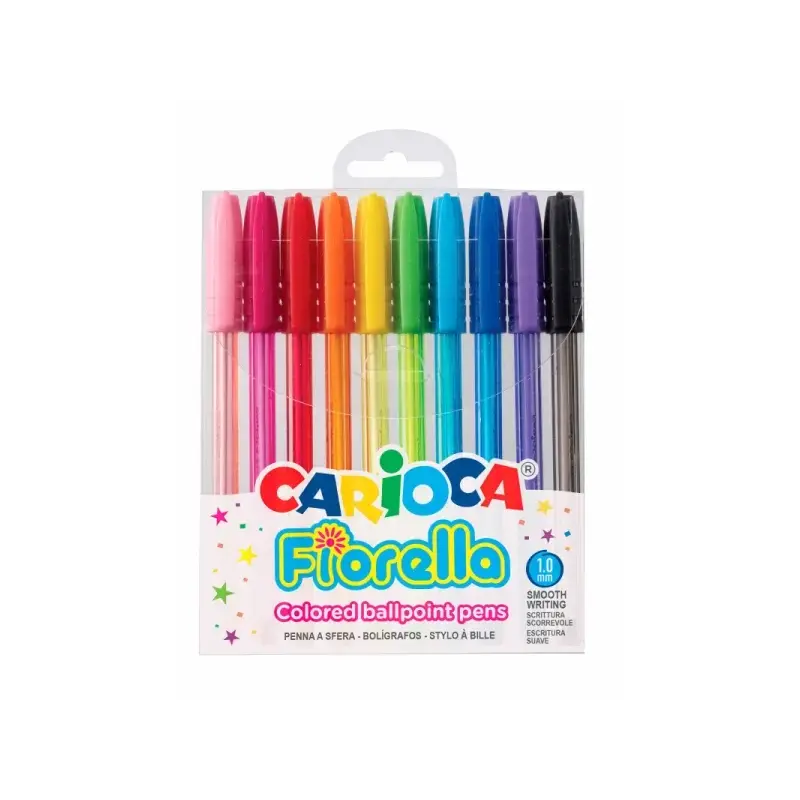 Carioca Fiorella Pack de 10 Boligrafos de Colores Tinta Gel - Punta de Bola 1mm - Cuerpo Transparente Fluo - Colores Surtidos |