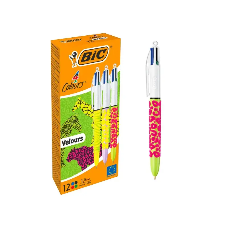 Bic 4 Colours Velours Boligrafo de Bola Retractil - Punta Media de 1.0mm - Tinta con Base de Aceite - Cuerpo con Relieve Suave a