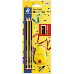 Staedtler Noris 120 Pack de 3 Lapices de Grafito Hexagonales + Goma de Borrar + Sacapuntas - Mina HB Ultrarresistente de 2mm - M