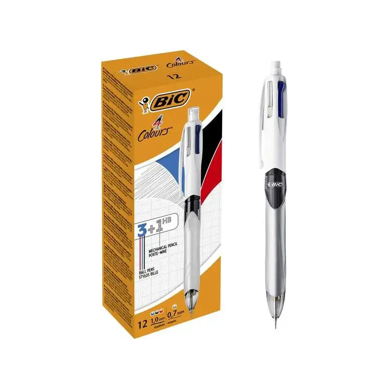 Bic 4 Colours 3+1 Boligrafo y Portaminas Retractil - Punta Media de 1mm - Mina HB 0.7mm - Cuerpo Ancho con Grip - Goma de Borrar