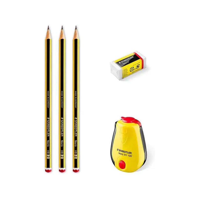 Staedtler Noris 120 Pack de 3 Lapices de Grafito Hexagonales + Goma de Borrar + Sacapuntas - Mina HB Ultrarresistente de 2mm - M