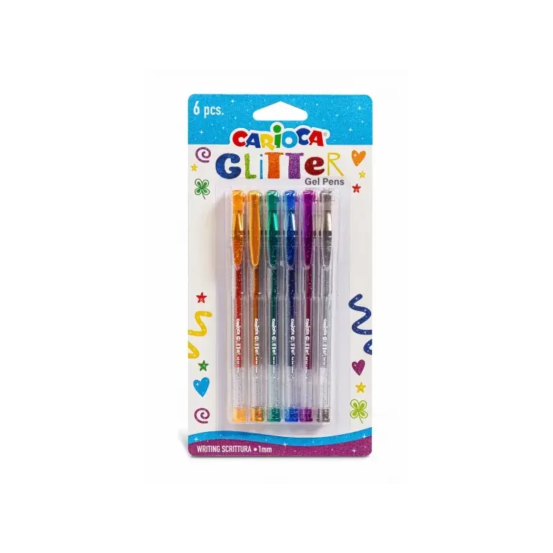 Carioca Glitter Gel Pack de 6 Boligrafos - Punta Ø 1mm - Tinta Gel Glitter - para Superficies Oscuras - Escritura Brillante y Co