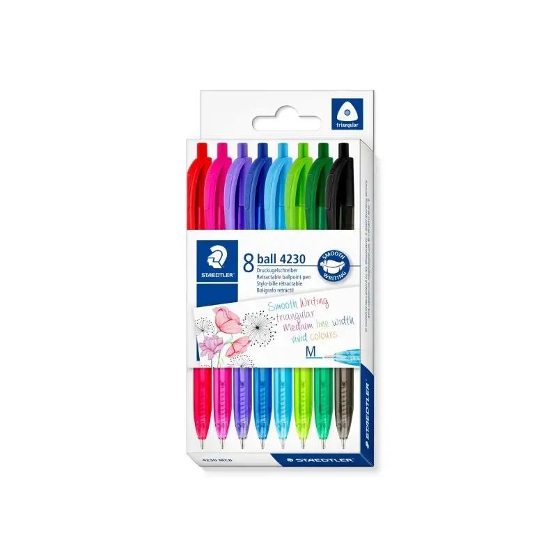 Staedtler 4230 M Pack con 8 Boligrafos Retractiles - Punta 1mm - Ancho de Linea Medio - Diseño Triangular - Colores Surtidos | A