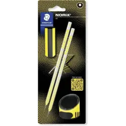 Staedtler Norix Pack de 2 Lapices de Grafito HB + Borrador + Sacapuntas - Madera Negra - Diseño Inteligente | Ahorro Imprimiendo