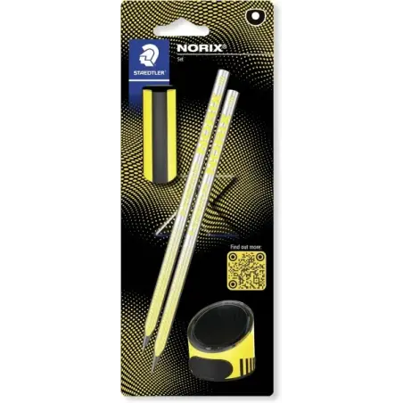 Staedtler Norix Pack de 2 Lapices de Grafito HB + Borrador + Sacapuntas - Madera Negra - Diseño Inteligente | Ahorro Imprimiendo