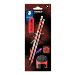 Staedtler Norix Pack de 2 Lapices de Grafito HB + Borrador + Sacapuntas - Madera Negra - Diseño Inteligente | Ahorro Imprimiendo