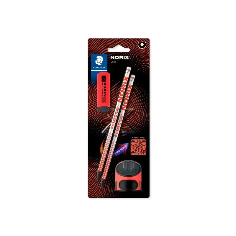 Staedtler Norix Pack de 2 Lapices de Grafito HB + Borrador + Sacapuntas - Madera Negra - Diseño Inteligente | Ahorro Imprimiendo