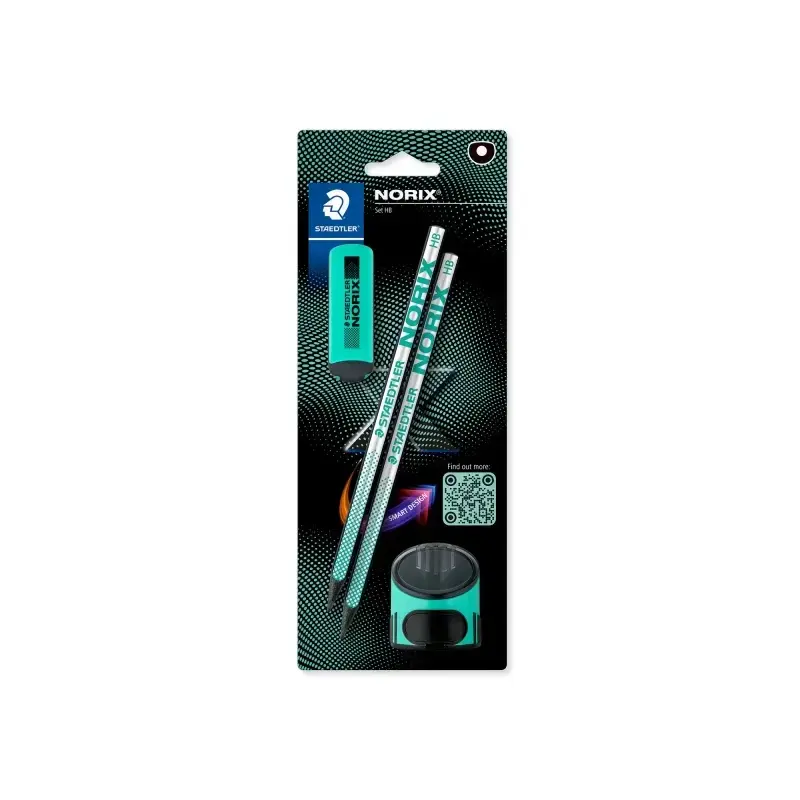 Staedtler Norix Pack de 2 Lapices de Grafito HB + Borrador + Sacapuntas - Madera Negra - Diseño Inteligente | Ahorro Imprimiendo