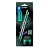 Staedtler Norix Pack de 2 Lapices de Grafito HB + Borrador + Sacapuntas - Madera Negra - Diseño Inteligente | Ahorro Imprimiendo