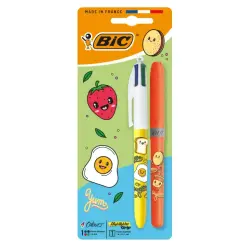 Bic 4 Colours Decors Kawaii Pack con 1 Boligrafo de Bola Retractil + 1 Marcador Highlighter Grip Fluor de Color Aleatorio - Punt
