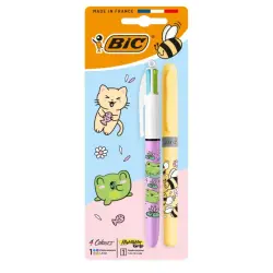 Bic 4 Colours Decors Kawaii Pack con 1 Boligrafo de Bola Retractil Pastel + 1 Marcador Highlighter Grip Pastel de Color Aleatori