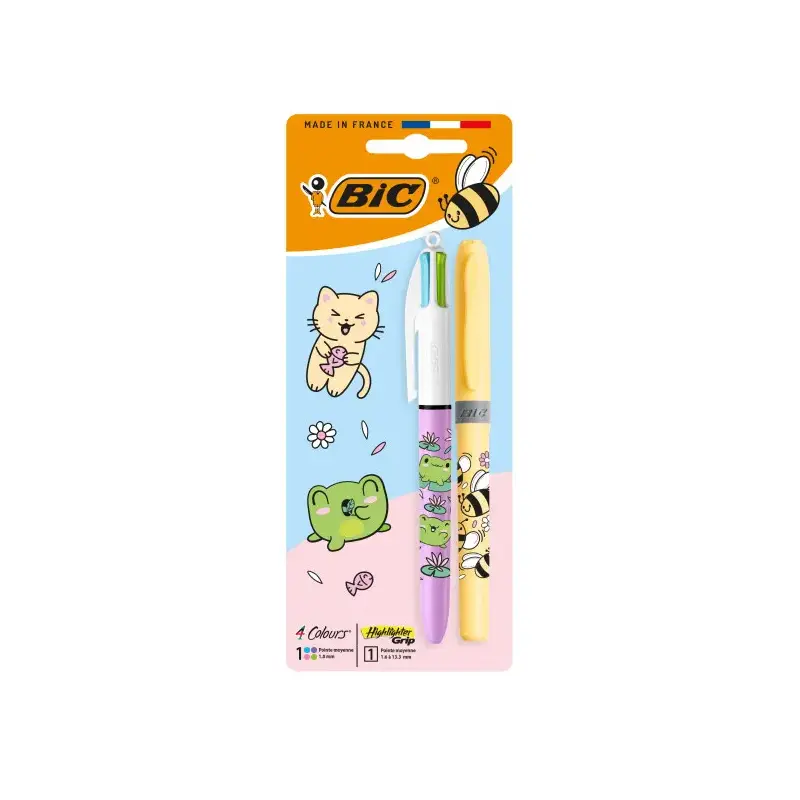 Bic 4 Colours Decors Kawaii Pack con 1 Boligrafo de Bola Retractil Pastel + 1 Marcador Highlighter Grip Pastel de Color Aleatori