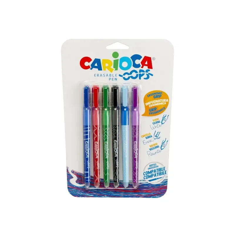 Carioca Oops Pack de 6 Boligrafos Borrables - Tinta Termo Sensible - Empuñadura Ergonomica Triangular - Punta de 0.7mm - Doble G