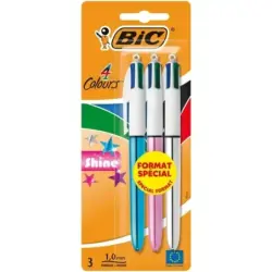 Bic 4 Colours Shine Pack de 3 Boligrafos de Bola Retractil - Punta de 1mm - Trazo de 0.4mm - Tinta con Base de Aceite - Cuerpo O
