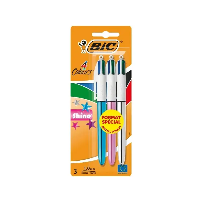 Bic 4 Colours Shine Pack de 3 Boligrafos de Bola Retractil - Punta de 1mm - Trazo de 0.4mm - Tinta con Base de Aceite - Cuerpo O