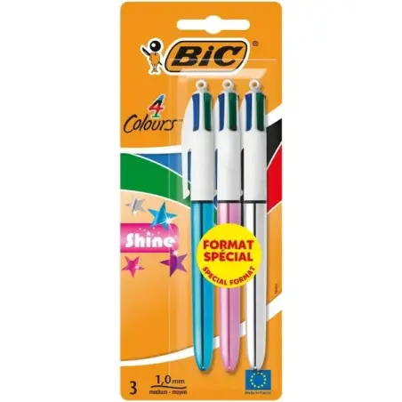 Bic 4 Colours Shine Pack de 3 Boligrafos de Bola Retractil - Punta de 1mm - Trazo de 0.4mm - Tinta con Base de Aceite - Cuerpo O