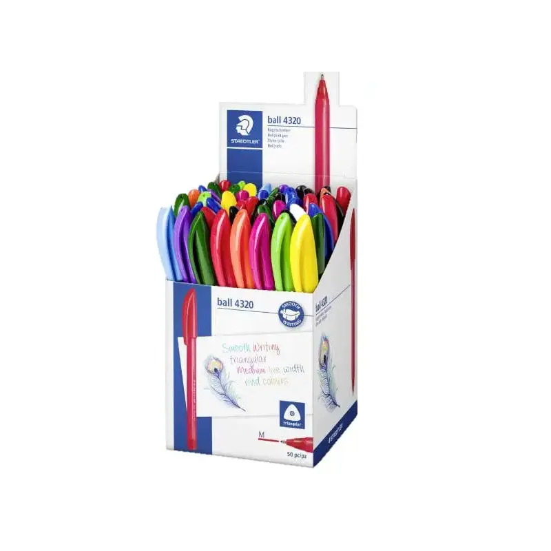 Staedtler Ball 4320 M Expositor con 50 Boligrafos Punta de Bola 1mm - Escritura Suave - Cuerpo Triangular - Colores Surtidos | A
