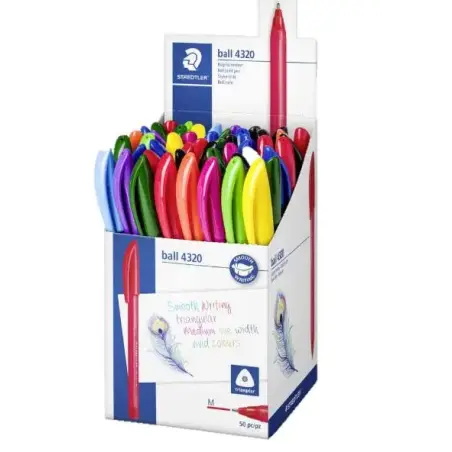 Staedtler Ball 4320 M Expositor con 50 Boligrafos Punta de Bola 1mm - Escritura Suave - Cuerpo Triangular - Colores Surtidos | A