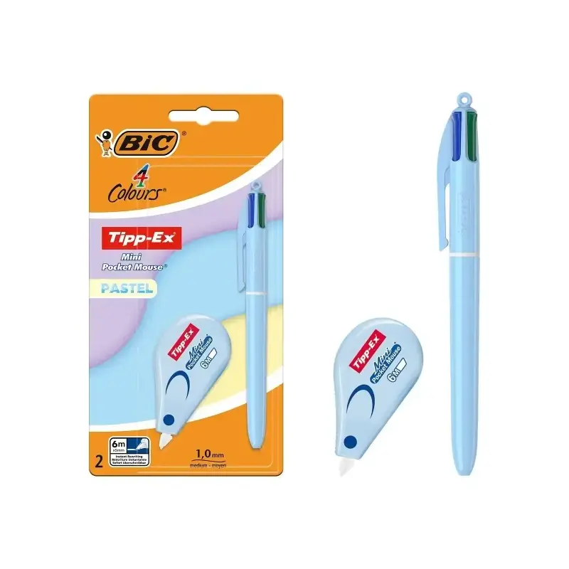 Bic 4 Colours Pastel Pack con 1 Boligrafo de Bola Retractil 4 Colores + Corrector Tipp-Ex Mini Pocket Mouse Pastel 5mmx6m - Punt