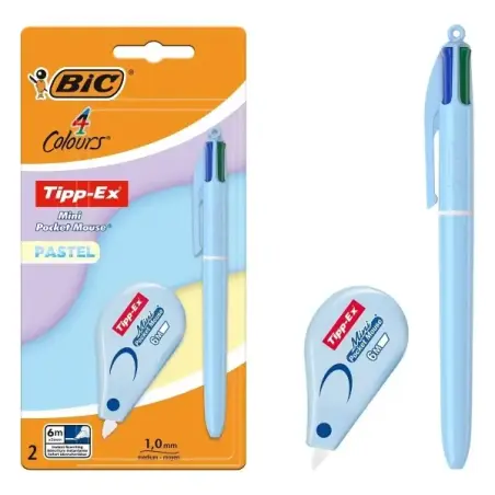 Bic 4 Colours Pastel Pack con 1 Boligrafo de Bola Retractil 4 Colores + Corrector Tipp-Ex Mini Pocket Mouse Pastel 5mmx6m - Punt