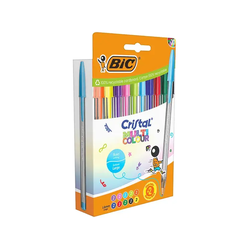 Bic Cristal Multicolour Pack de 20 Boligrafos de Bola - Punta 1.6mm - Trazo 0.42mm - Tinta con Base de Aceite - Colores Surtidos