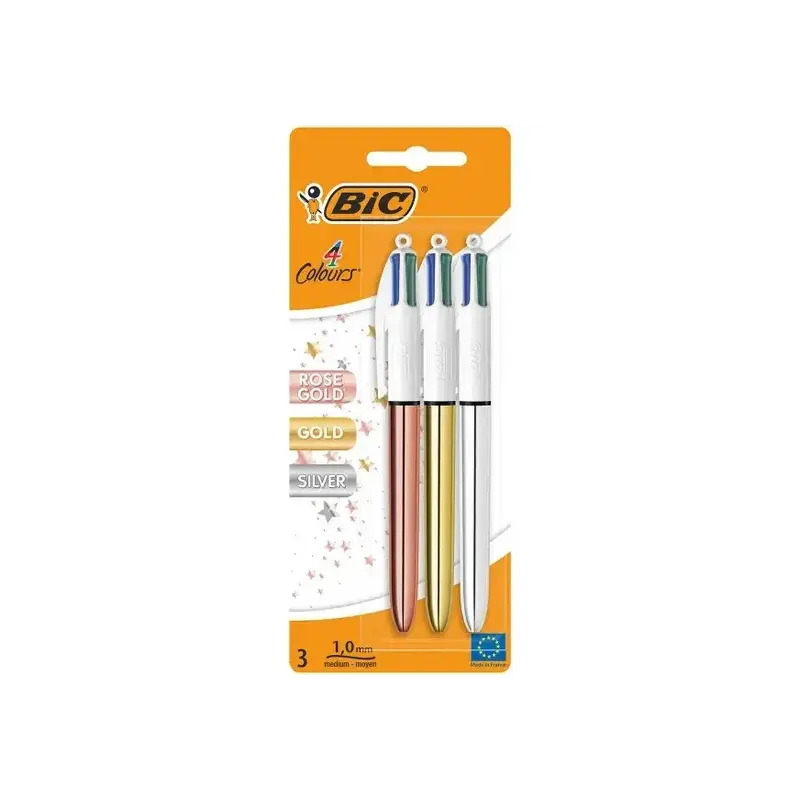 Bic 4 Colours Pack de 3 Boligrafos de Bola Retractil - Punta de 1mm - Trazo de 0.4mm - Tinta con Base de Aceite - Cuerpo Oro, Pl