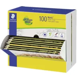 Staedtler Noris 120-2 Expositor con 100 Lapices de Grafito Hexagonal HB - Mina Ultrarresistente de 2mm - Madera de Bosques Soste