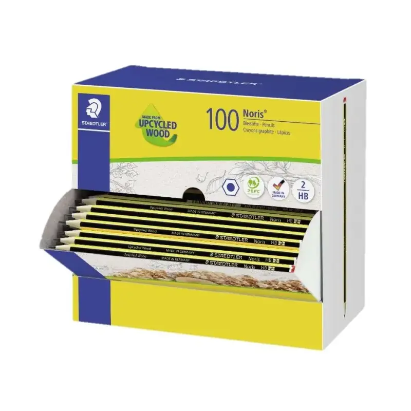 Staedtler Noris 120-2 Expositor con 100 Lapices de Grafito Hexagonal HB - Mina Ultrarresistente de 2mm - Madera de Bosques Soste