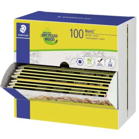 Staedtler Noris 120-2 Expositor con 100 Lapices de Grafito Hexagonal HB - Mina Ultrarresistente de 2mm - Madera de Bosques Soste