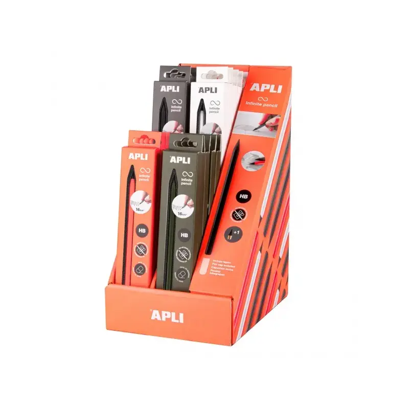 Apli Infinite Pencil Neon Expositor con 20 Packs de Lapiz Infinito HB + Mina de Recambio + Tapon Protector - Para Escribir hasta