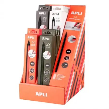 Apli Infinite Pencil Neon Expositor con 20 Packs de Lapiz Infinito HB + Mina de Recambio + Tapon Protector - Para Escribir hasta