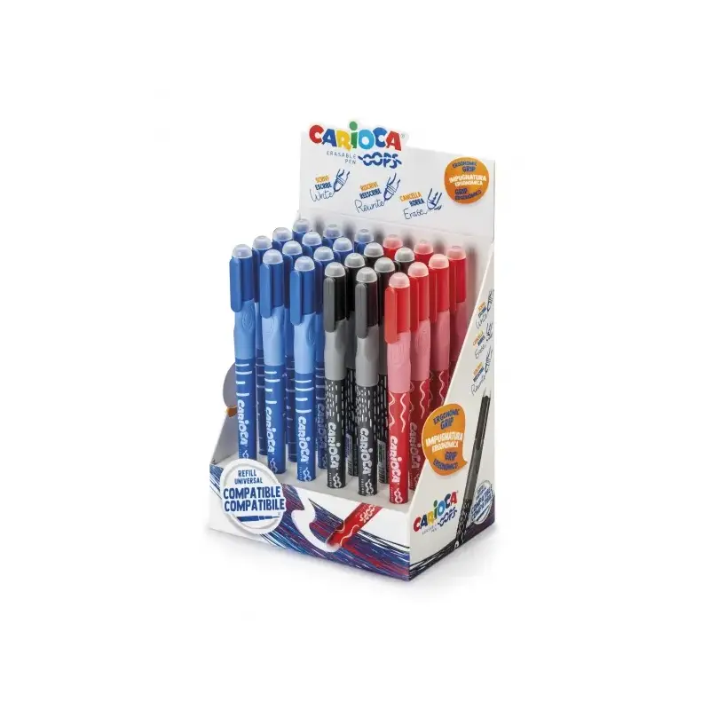 Carioca Oops Expositor de 24 Boligrafos Borrables - Tinta Termo Sensible - Empuñadura Ergonomica Triangular - Punta de Ø 0.7mm -