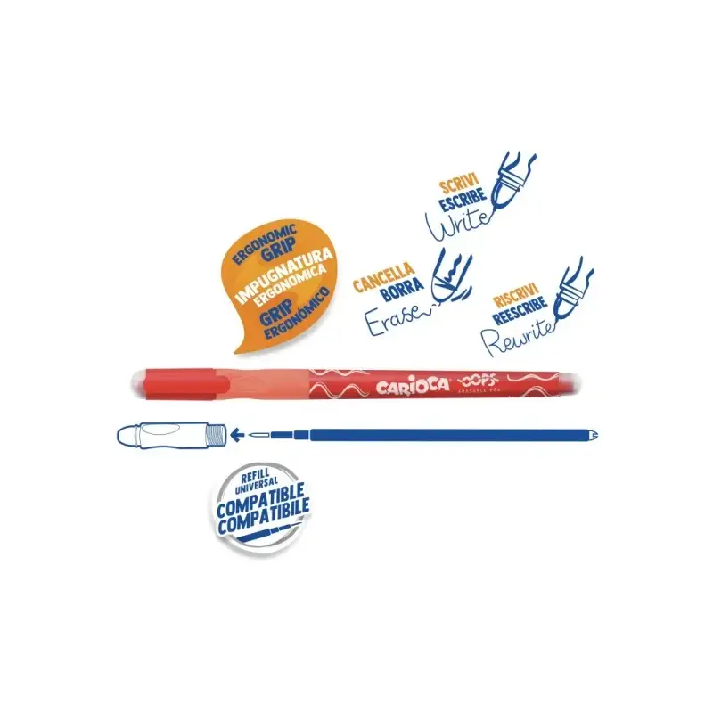 Carioca Oops Expositor de 24 Boligrafos Borrables - Tinta Termo Sensible - Empuñadura Ergonomica Triangular - Punta de Ø 0.7mm -