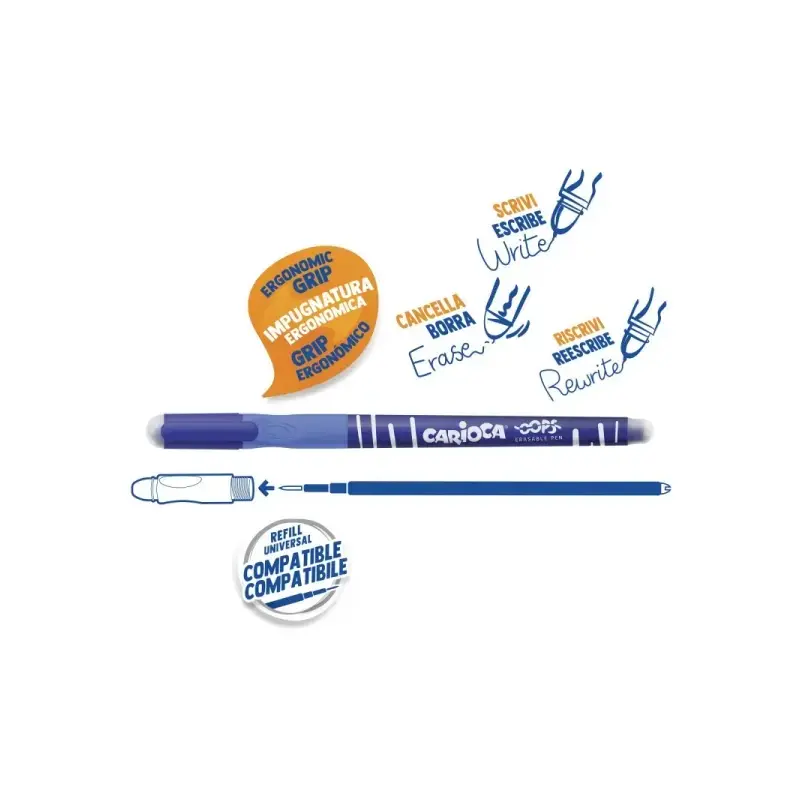Carioca Oops Expositor de 24 Boligrafos Borrables - Tinta Termo Sensible - Empuñadura Ergonomica Triangular - Punta de Ø 0.7mm -