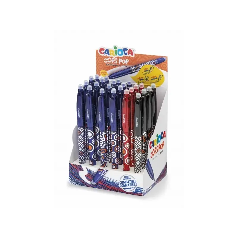 Carioca Oops Pop Expositor de 24 Boligrafos Borrables - Termo Sensible - Empuñadura Texturizada - Punta de Ø 0.7mm - Doble Goma