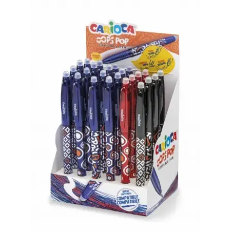 Carioca Oops Pop Expositor de 24 Boligrafos Borrables - Termo Sensible - Empuñadura Texturizada - Punta de Ø 0.7mm - Doble Goma