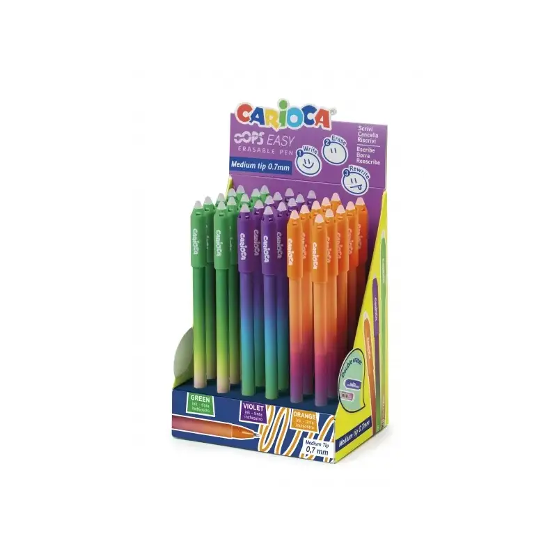 Pack Carioca Oops Easy Expositor de 30 Boligrafos Borrables - Tinta Termo Sensible - Cuerpo con Efecto Degradado - Punta de Ø 0.