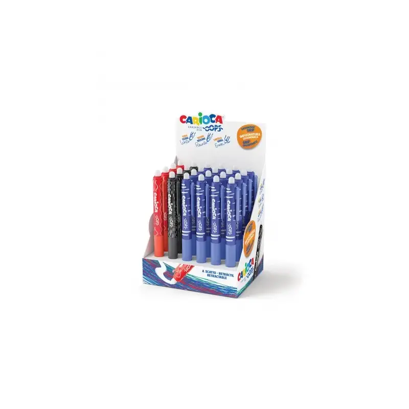 Carioca Oops Expositor de 24 Boligrafos Borrables Retractiles - Tinta Termo Sensible - Empuñadura Ergonomica Triangular - Punta