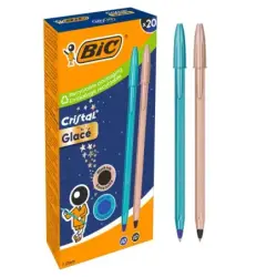 Bic Cristal Glace Pack con 20 Boligrafos de Bola - Cuerpo Opaco en Color Azul Metalizado Mate y Cobre Mate - Punta Redonda de 1m