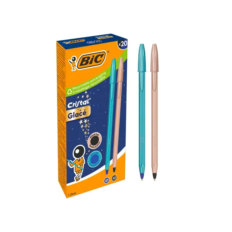 Bic Cristal Glace Pack con 20 Boligrafos de Bola - Cuerpo Opaco en Color Azul Metalizado Mate y Cobre Mate - Punta Redonda de 1m