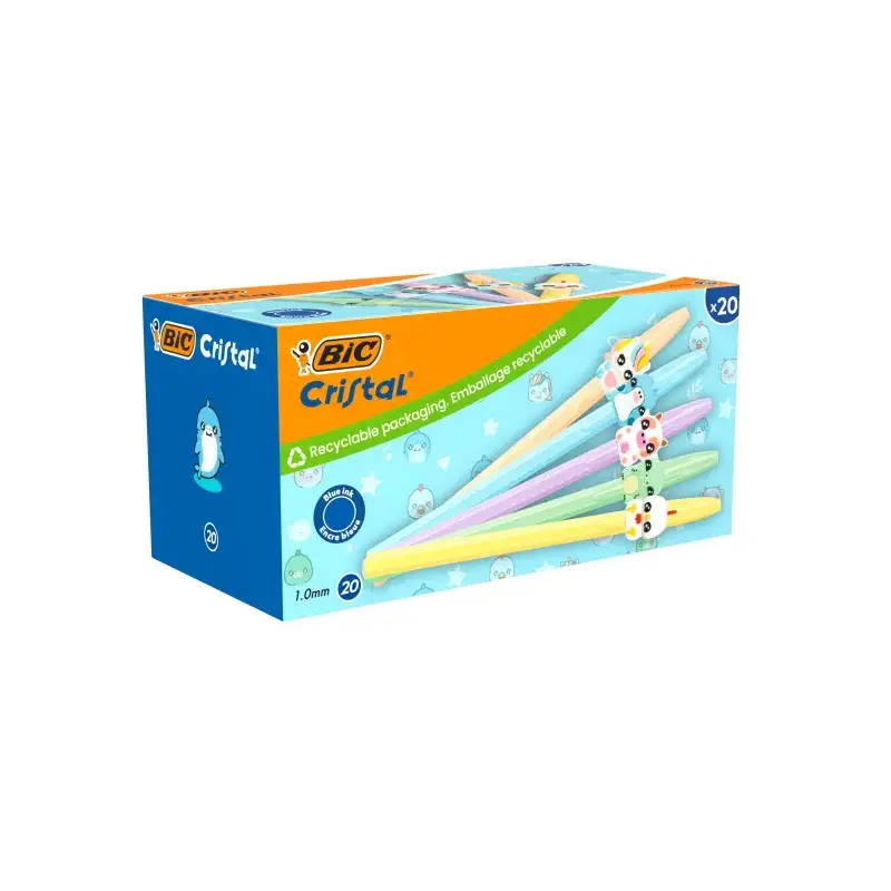 Bic Cristal Pastel Figurines Pack con 20 Boligrafos de Bola - Cuerpo Opaco en Colores Pastel con Figuras de Animales - Punta Red