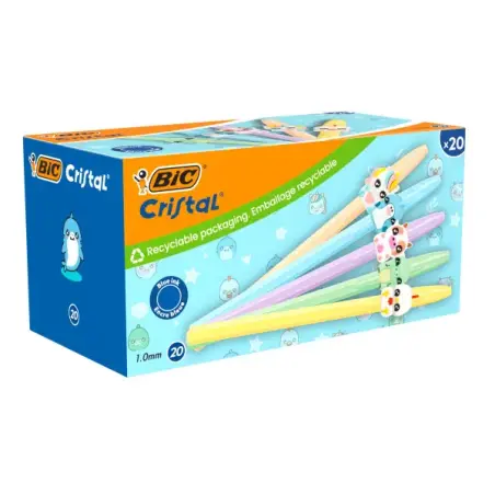 Bic Cristal Pastel Figurines Pack con 20 Boligrafos de Bola - Cuerpo Opaco en Colores Pastel con Figuras de Animales - Punta Red
