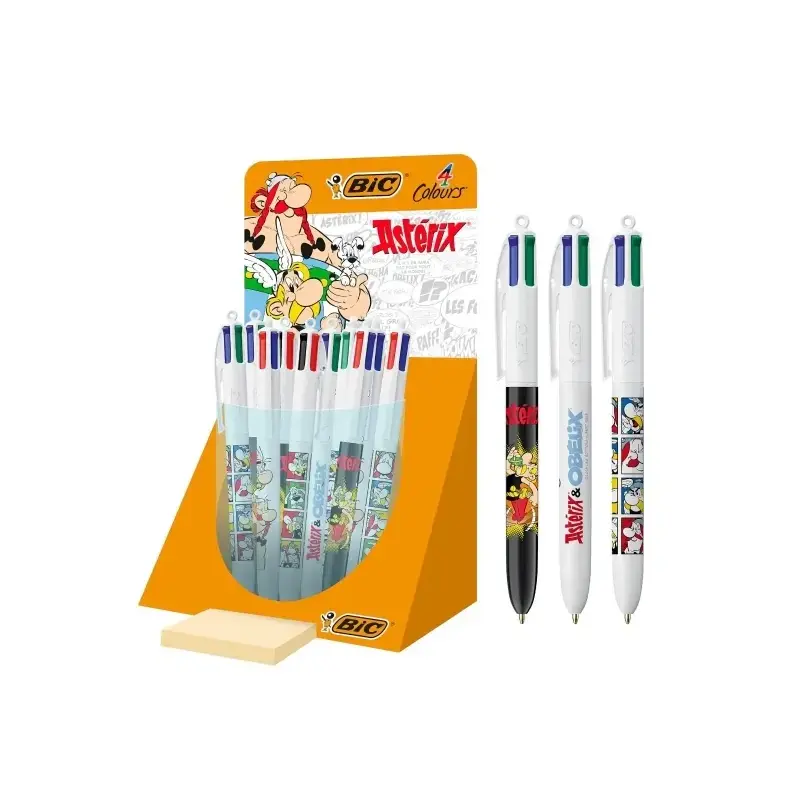 Bic 4 Colours Asterix Expositor con 30 Boligrafos de Bola Retractil Diseños Comic Asterix - Punta Media de 1.0mm - 3 Diseños Dif