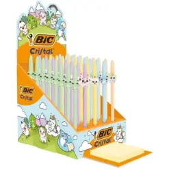 Bic Cristal Pastel Figurines Expositor con 40 Boligrafos de Bola - Cuerpo Opaco en Colores Pastel con Figuras de Animales - Punt