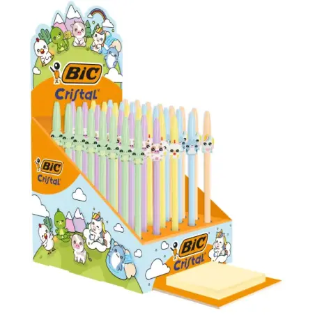 Bic Cristal Pastel Figurines Expositor con 40 Boligrafos de Bola - Cuerpo Opaco en Colores Pastel con Figuras de Animales - Punt