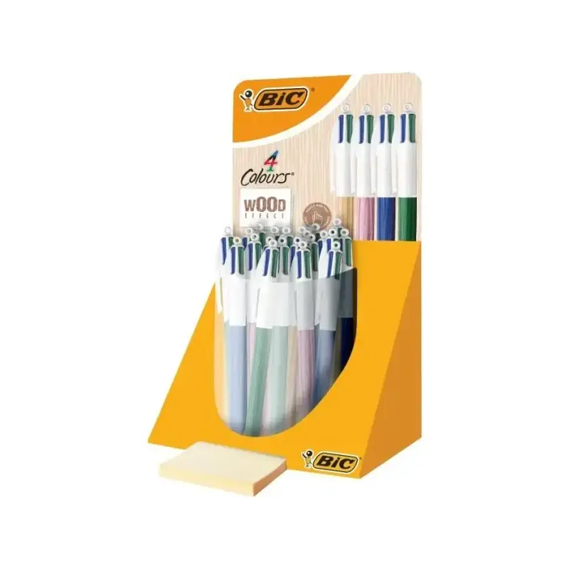 Bic 4 Colours Wood Style Expositor de 30 Boligrafos de Bola Retractiles - Punta Media de 1.0mm - Tinta con Base de Aceite - Dise