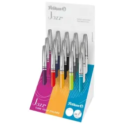 Pelikan Jazz Classic Expositor con 15 Boligrafos Retractiles - Trazo de 1mm - Mecanismo de Giro - Capuchon y Clip Cromados - Rec