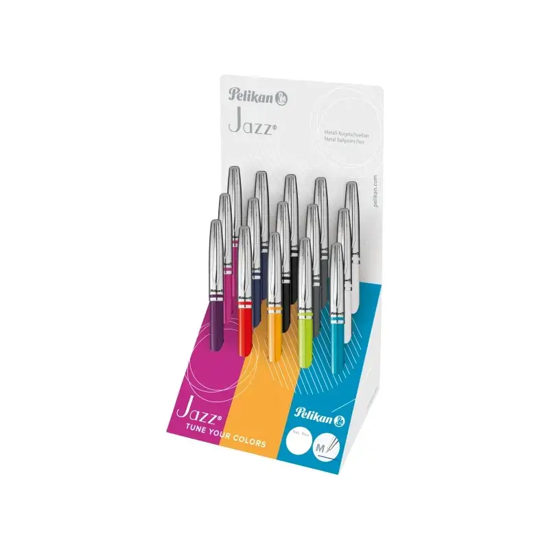 Pelikan Jazz Classic Expositor con 15 Boligrafos Retractiles - Trazo de 1mm - Mecanismo de Giro - Capuchon y Clip Cromados - Rec