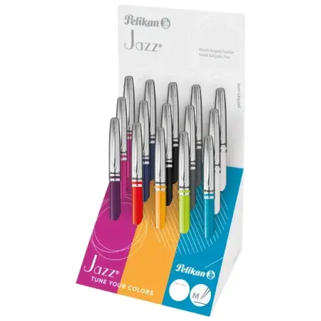 Pelikan Jazz Classic Expositor con 15 Boligrafos Retractiles - Trazo de 1mm - Mecanismo de Giro - Capuchon y Clip Cromados - Rec