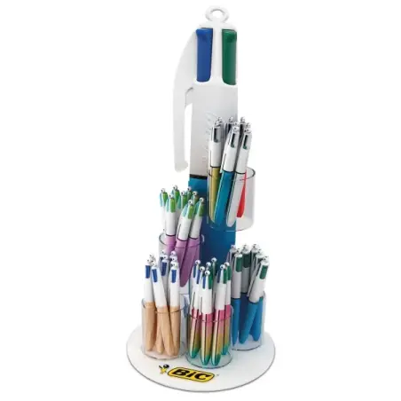 Bic 4 Colours Expositor de 60 Boligrafos de Bola Retractiles + 100 Boligrafos Bic Cristal Azul de Regalo - Punta Media de 1.0mm